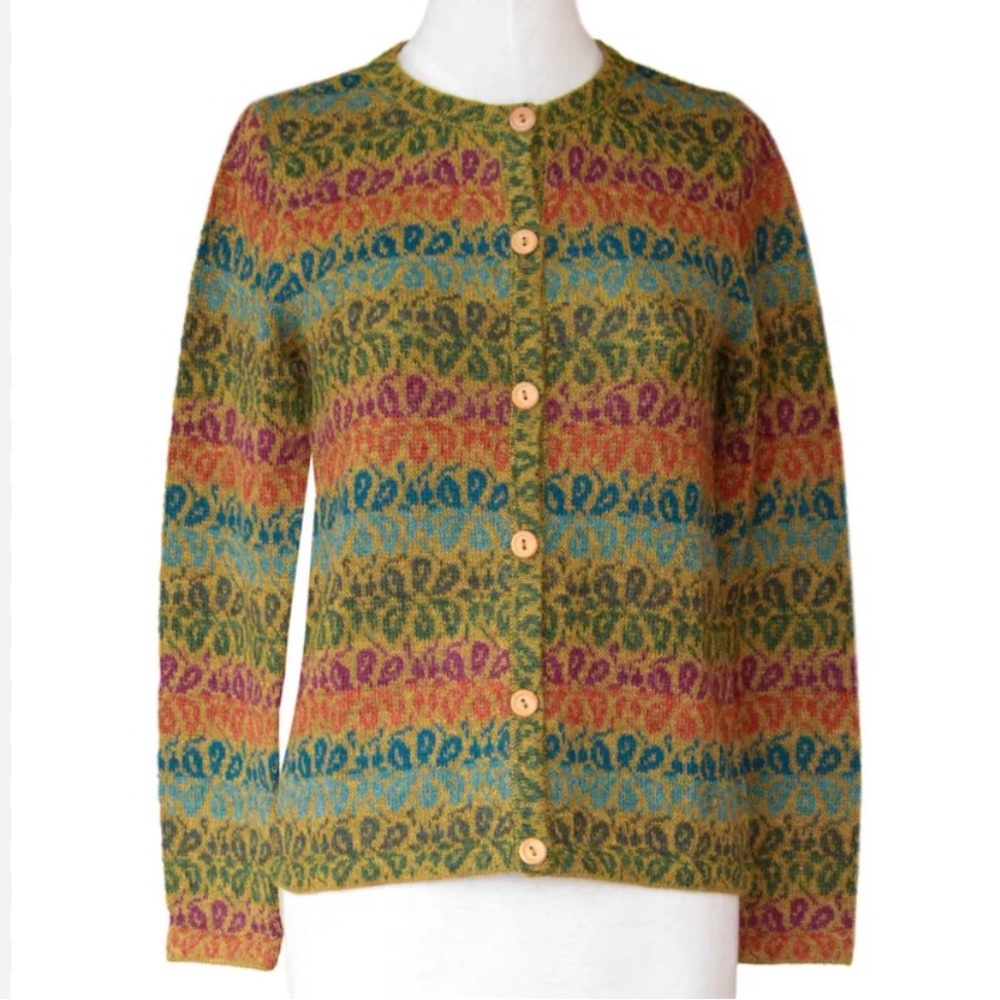 Novica Andean Secret 100%.Alpaca Wool Art Knit Cardigan Sweater Multicolor  Sz L